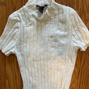 Ribbed Short-Sleeve Turtleneck Top - White